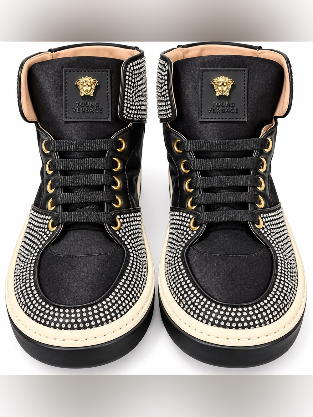 Versace Black & Cream Studded High-Top Sneakers